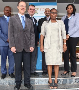 Back row: DST Cybersecurity RDI Agenda Task Team chairperson Prof Fulufhelo Nelwamondo from the CSIR Modeling and Digital Science Unit; James Clarke from the Waterford Institute of Technology, Ireland;  Imraan Patel, Deputy Director-General at the Department of Science and Technology (DST) and Jeannette Morwane, Director: ICT & Service Industry, DST.  Front row: Dr Barend Taute, CSIR Meraka Unit and Dr Irene Moetsana-Moeng from the State Security Agency.