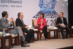 In photo: L-R: Virat Bhatia (FICCI Chair, Communications & Digital Economy Committee), FICCI, INDIA), Martin Fleischer (International Cyber Policy Coordinator at the Federal Foreign Office, Germany), Barkha Dutt (Group Editor, NDTV, INDIA, Session Moderator), James Clarke (Waterford Institute of Technology, TSSG, IRELAND), missing from photo: Anja Kovacs (Internet Democracy Project, INDIA). Panel session on Multi-stakeholderism: Avoiding the PRISM Paradigm.